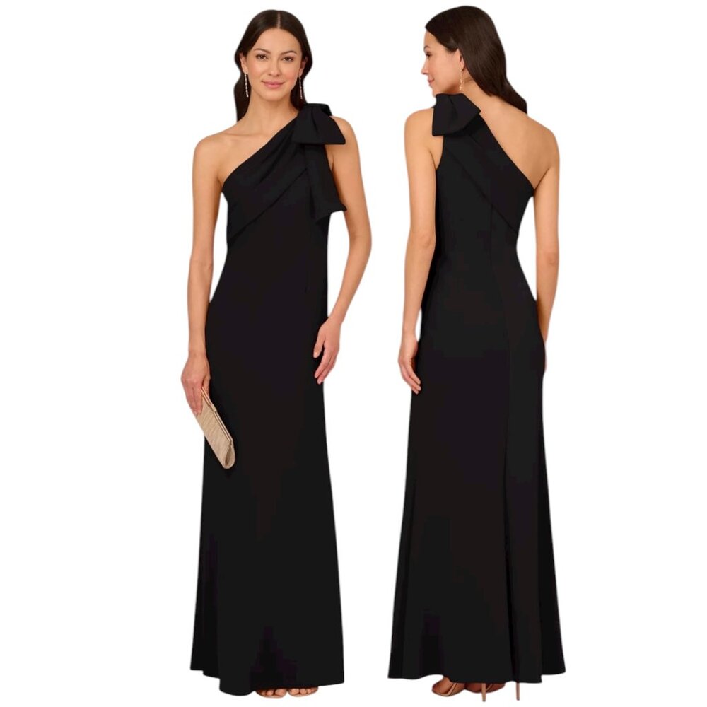 Adrianna Papell Black One-Shoulder Maxi Gown with Bow Detail